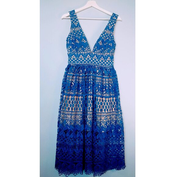Lulus Blue and Beige Lace Midi Dress - Picture 5 of 16